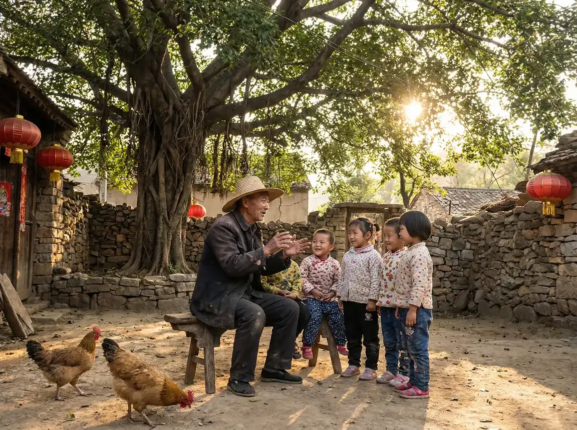 老人在大榕树下给孩子们讲故事 - lol鳄鱼出装 乡村记忆